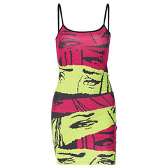 Abstract print contrast backless u neck cami mini dress