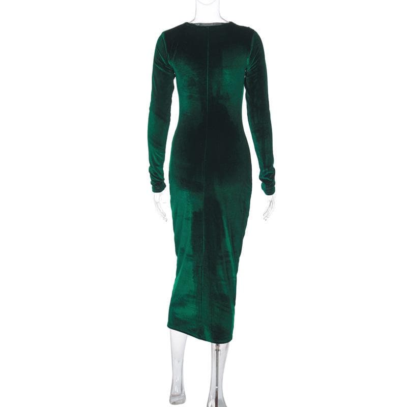 Velvet solid ruched long sleeve midi dress