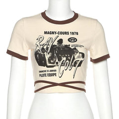 Short sleeve print self tie back crop top