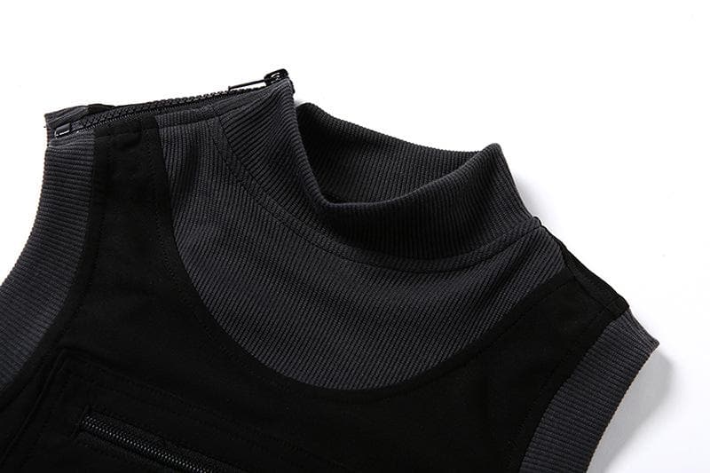 Patchwork ribbed contrast zip-up high neck sleeveless crop top