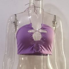 Double layered hollow out self tie backless solid lace up halter cut out top