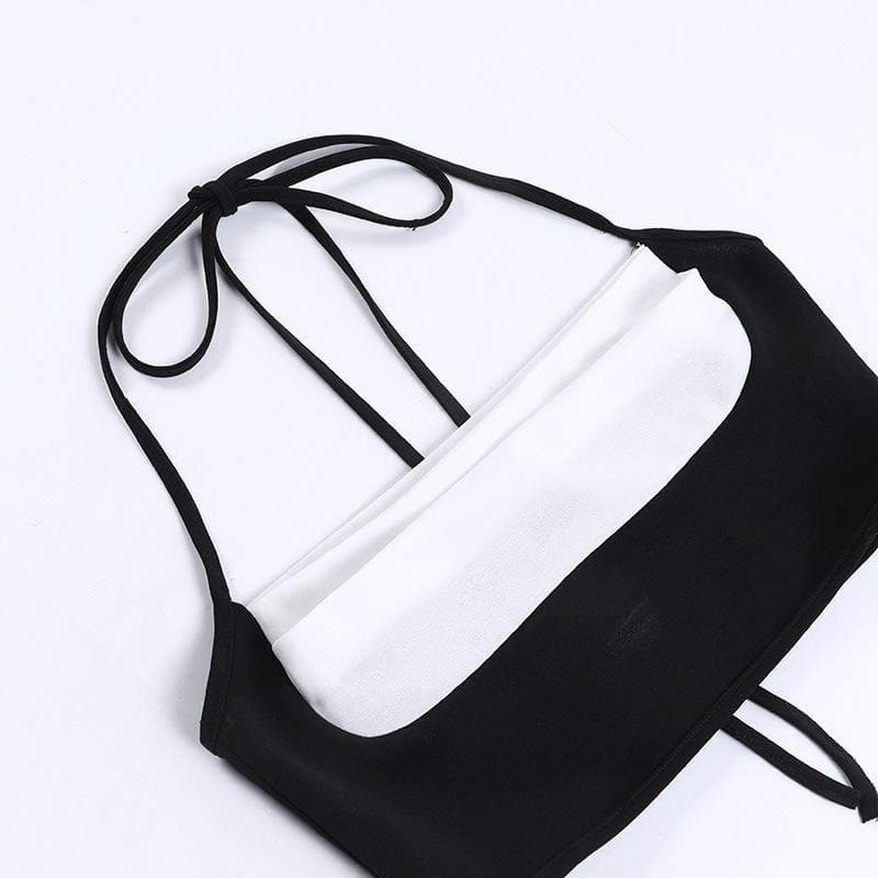 Pleated contrast patchwork halter backless crop top