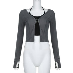 Button stitch long sleeve gloves contrast halter 2 piece crop top