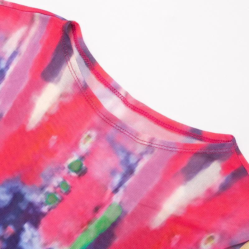 Short sleeve crewneck tie dye contrast mesh pant set
