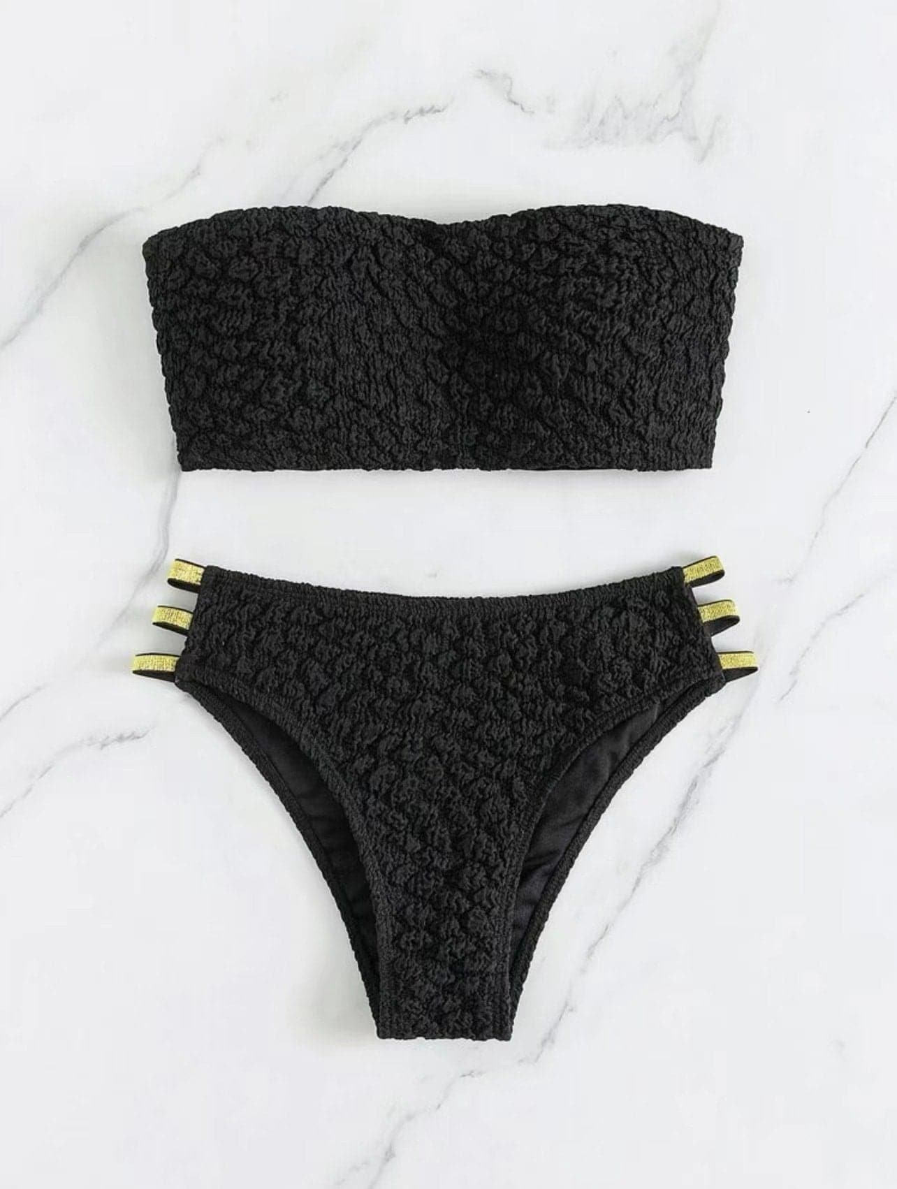 Solid textured contrast hollow out tube bikini swimwear