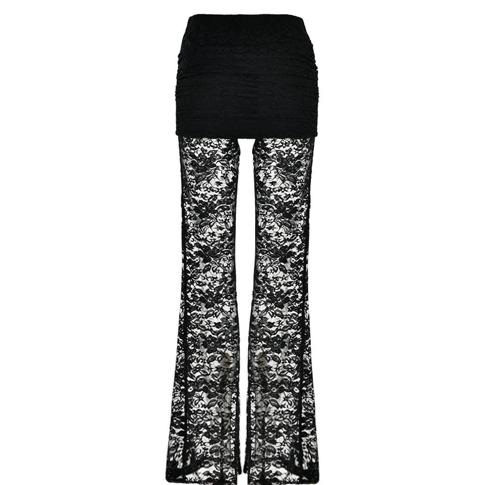 Lace patchwork ruched solid flared pant