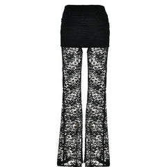 Lace patchwork ruched solid flared pant