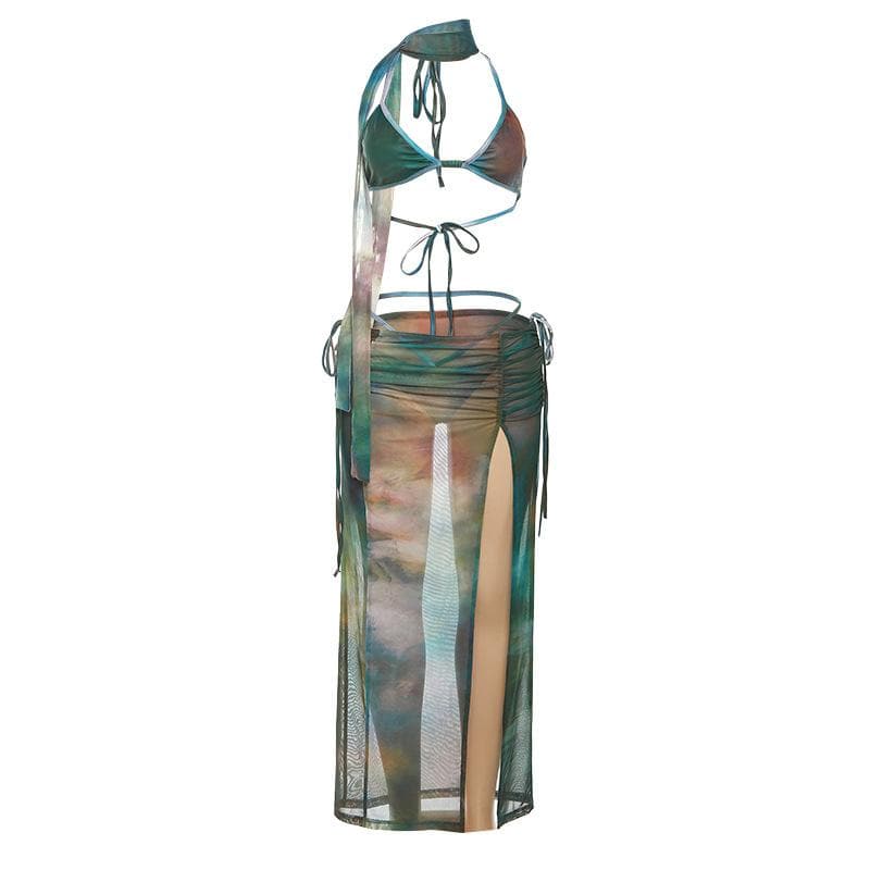 Mesh tie dye halter self tie backless ruched slit maxi skirt set