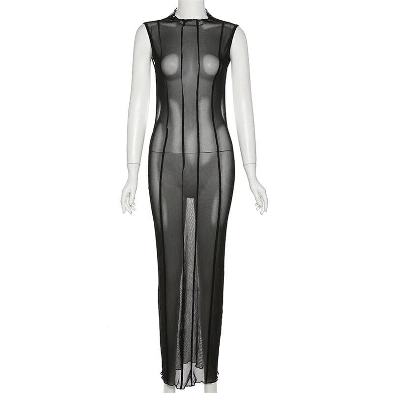 Sleeveless solid sheer mesh see through backless midi dress