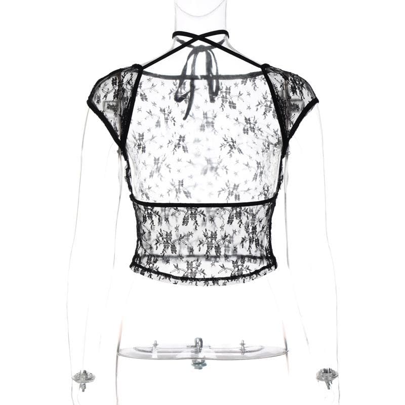 Lace solid see through halter cap sleeve backless crop top – Suncoy