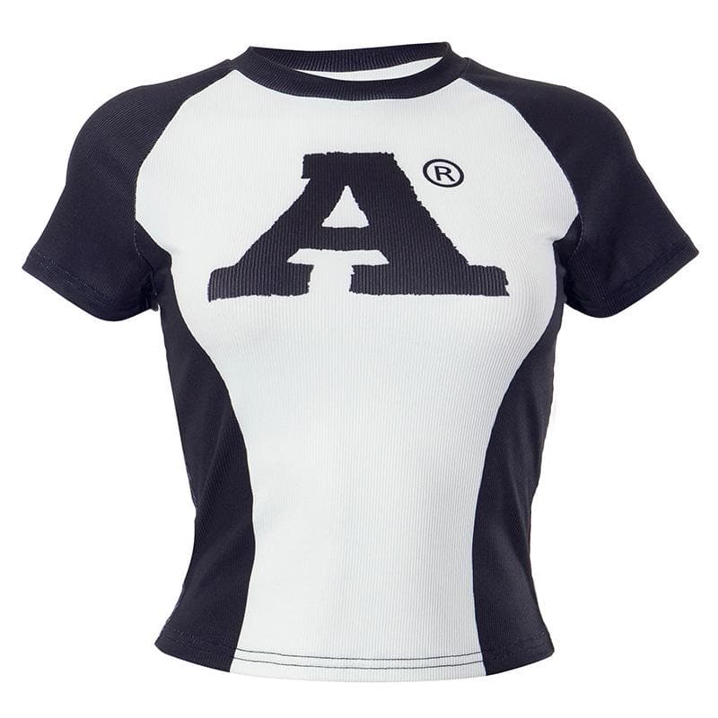 Ribbed contrast short sleeve "A" pattern crewneck top