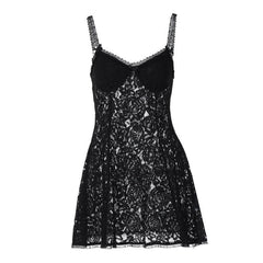 Backless v neck lace see through zip-up solid mini dress