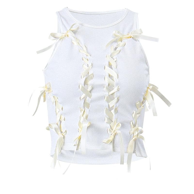 Sleeveless round neck lace up hollow out ribbed crop cut out top