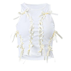 Sleeveless round neck lace up hollow out ribbed crop cut out top