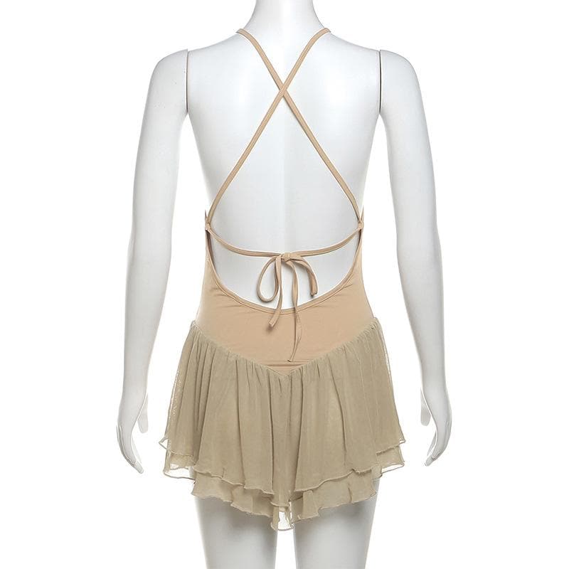 Cross back ruffle mesh patchwork ruched backless cami mini dress