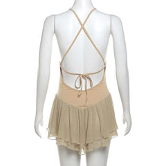 Cross back ruffle mesh patchwork ruched backless cami mini dress