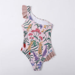 One shoulder ruffle contrast irregular one piece swimwear