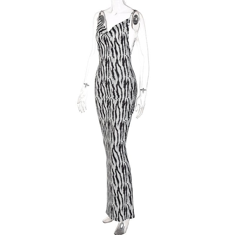 Zebra print contrast cowl neck backless slit low cut midi dress