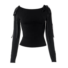 Bowknot solid long sleeve off shoulder 2-way top