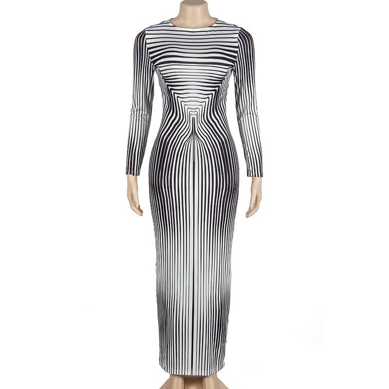 Striped print long sleeve crewneck contrast maxi dress