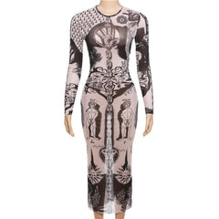 Sheer mesh abstract contrast see through long sleeve maxi dress