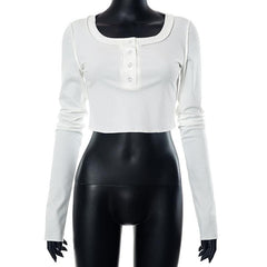 Button ribbed stitch long sleeve solid crop top