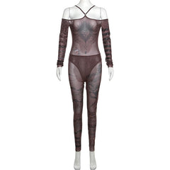 Abstract contrast sheer mesh see through off shoulder bodysuit pant set