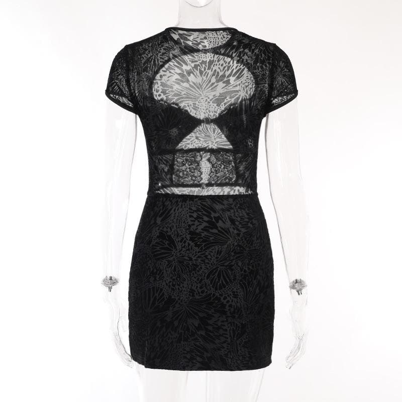 Button short sleeve hollow out textured mini dress