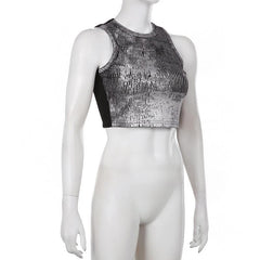 Textured contrast sleeveless crewneck patchwork crop top