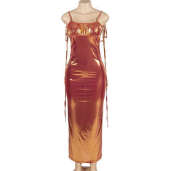 Metallic ruched backless self tie square neck maxi dress