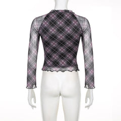 Plaid ruffle v neck mesh contrast top