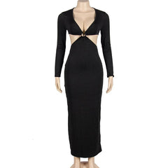 Solid o ring long sleeve v neck hollow out maxi dress