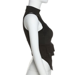 Hollow out high neck corset sleeveless zip-up crop cut out top