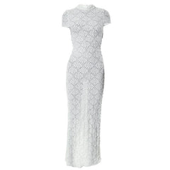 Short sleeve crewneck textured zip-up slit maxi dress