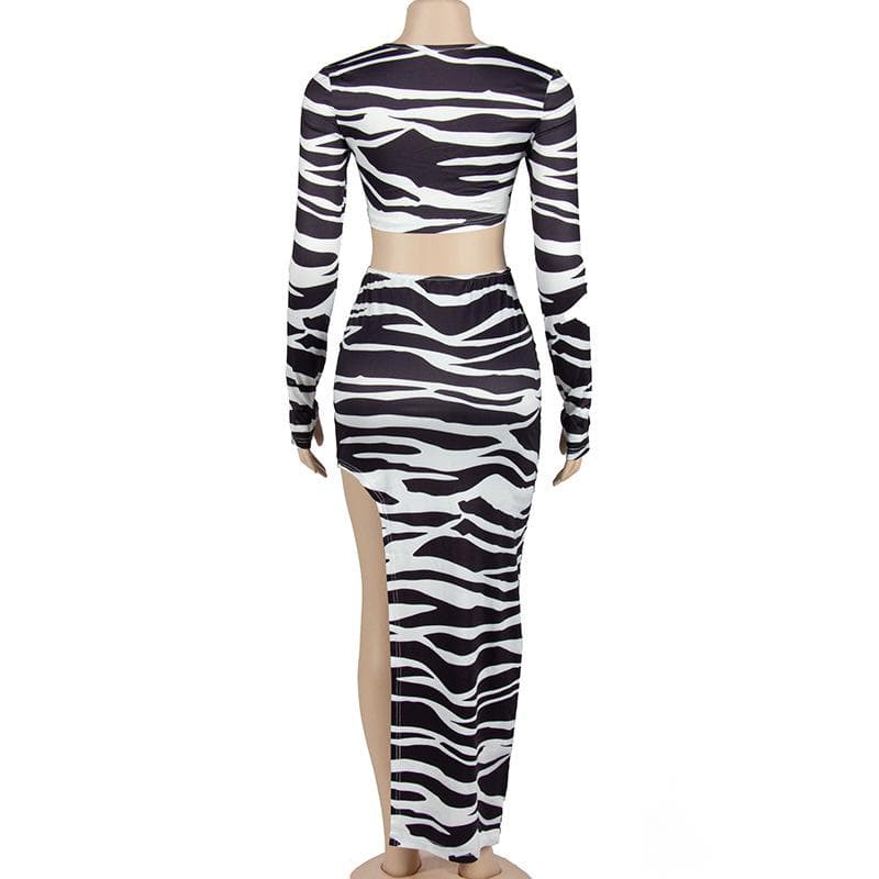 Zebra print self tie contrast long sleeve irregular slit maxi skirt set