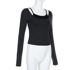 Contrast patchwork long sleeve round neck top