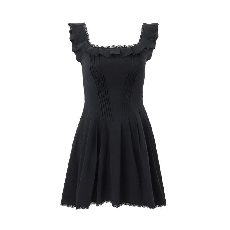 Cap sleeve square neck ruffle pleated solid zip-up mini dress