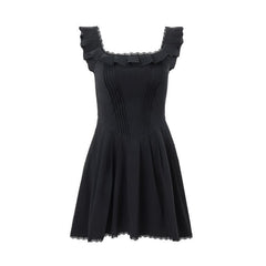 Cap sleeve square neck ruffle pleated solid zip-up mini dress
