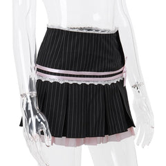 Pleated striped button lace hem bowknot stitch mini skirt