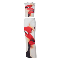 Contrast lip print sleeveless crewneck maxi skirt set