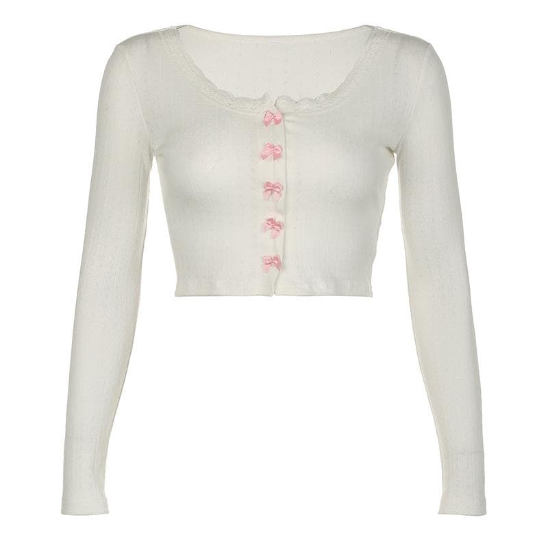 Bowknot textured long sleeve lace hem contrast crop top