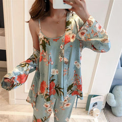 Kianna Floral Cami Top & Pants With Robe 3-piece Set