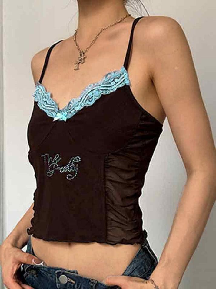 Lace Rhinestone Decor Pleated Design Cami Top