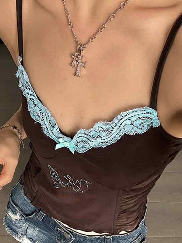Lace Rhinestone Decor Pleated Design Cami Top