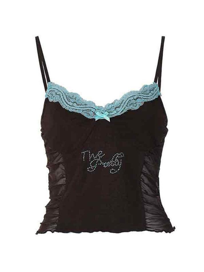 Lace Rhinestone Decor Pleated Design Cami Top