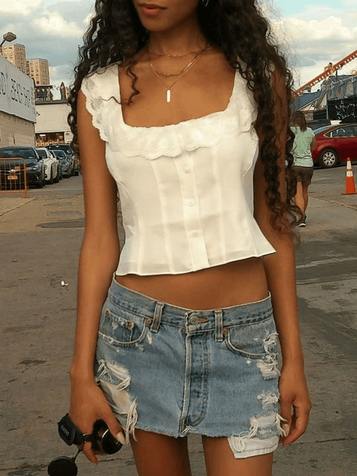 Lace Ruffle Trim White Cropped Tank Top
