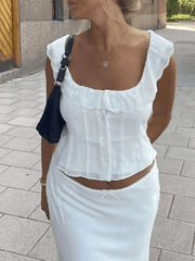 Lace Ruffle Trim White Cropped Tank Top