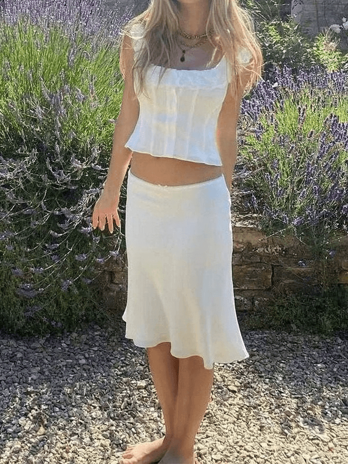 Lace Ruffle Trim White Cropped Tank Top