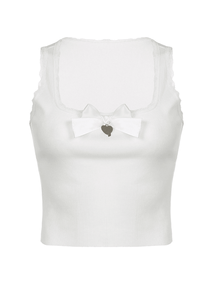 Lace Trim Bow White Tank Top