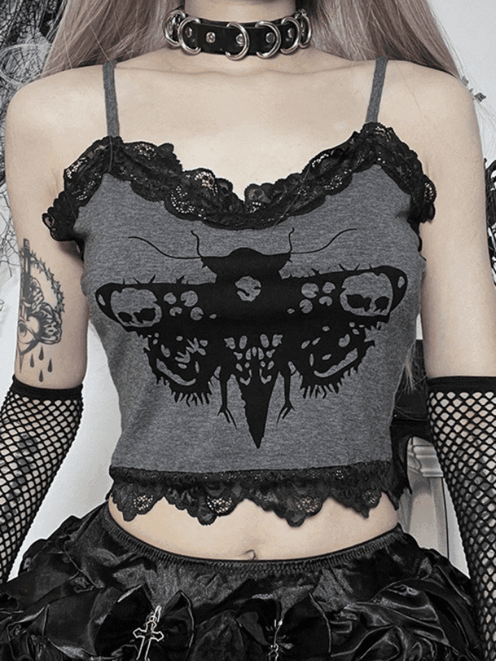 Lace Trim Moth Print Crop Cami Top
